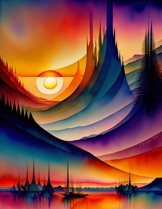 Vivid sunset artwork with colorful hues over mountain landscape