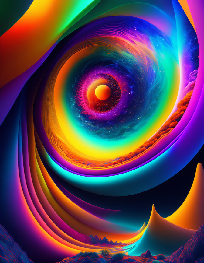 Colorful digital artwork: swirling cosmic eye over neon abstract shapes.