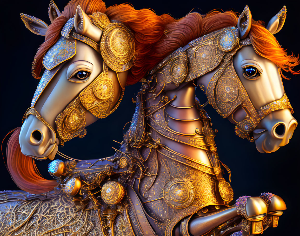 Golden-armored horses with red manes in regal fantasy setting