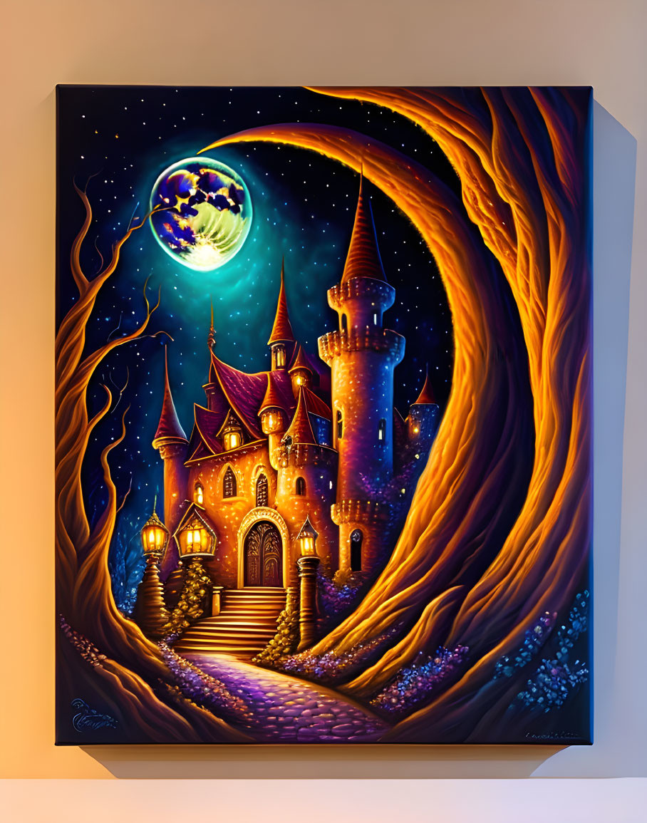 Enchanting castle night painting with golden vortex under starlit sky