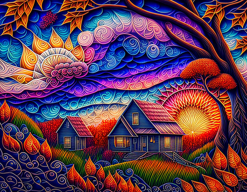 Colorful surreal landscape with stylized houses and swirling skies