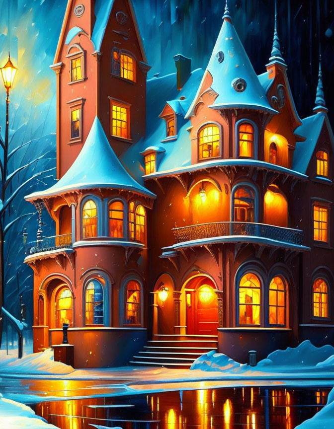 Whimsical snow-covered house with warm lighting and street lamp on serene snowy evening