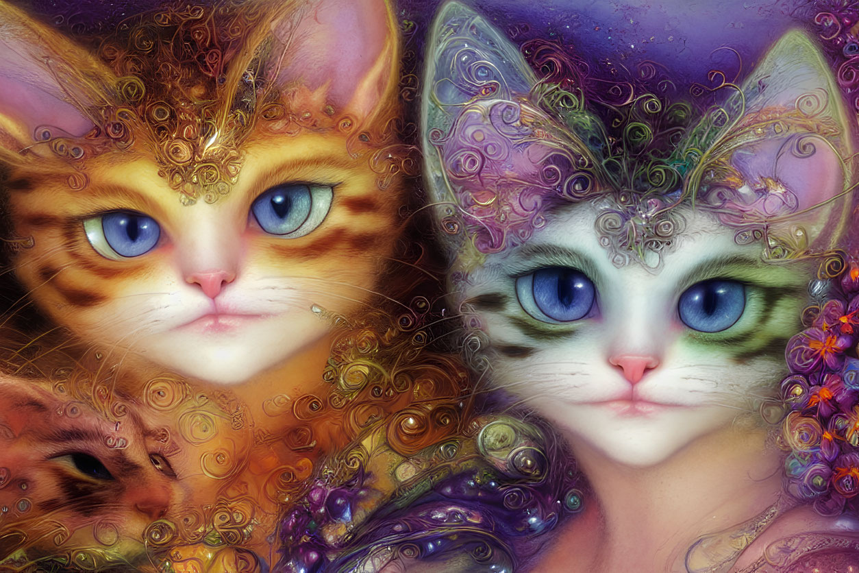 Ornate Cats with Blue Eyes and Floral Designs on Textured Background