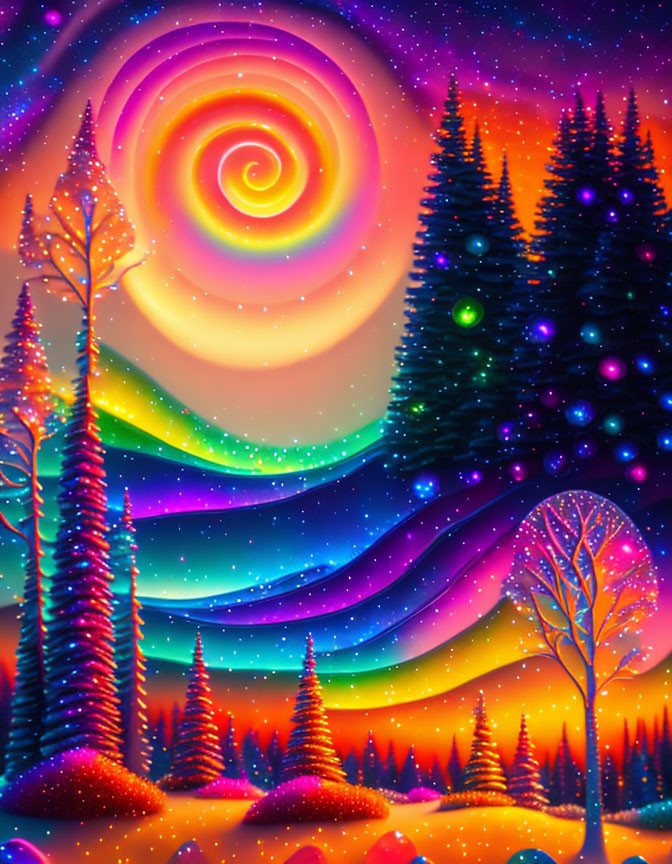 Colorful digital art: Whimsical trees under starry sky with aurora ribbons