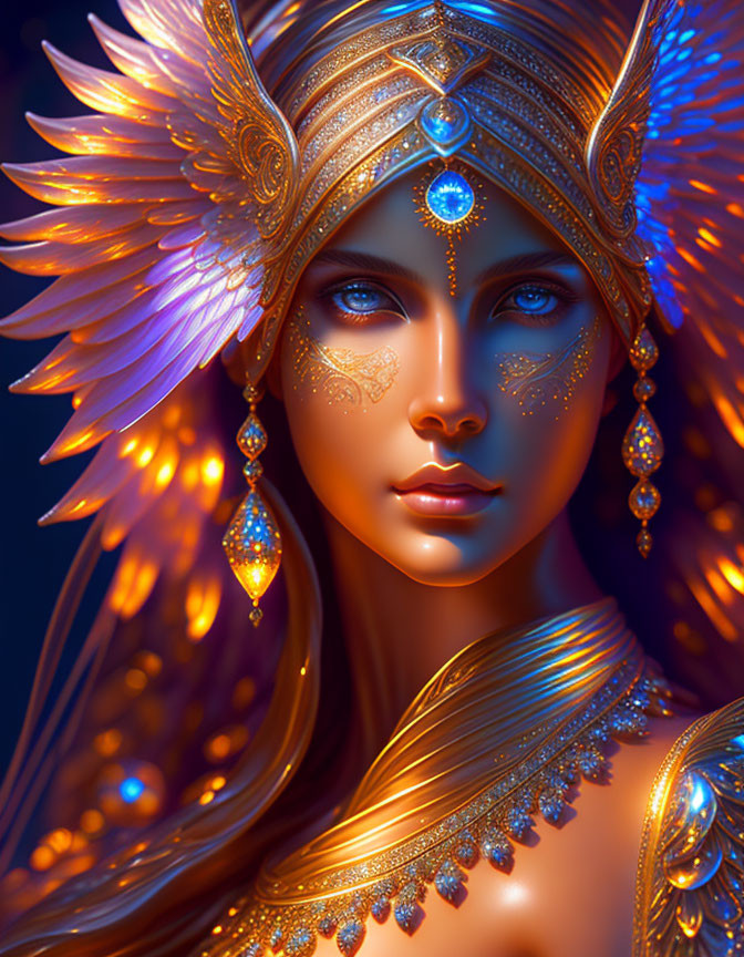 Fantasy portrait of a woman with glowing blue eyes, golden headdress, and orange wings