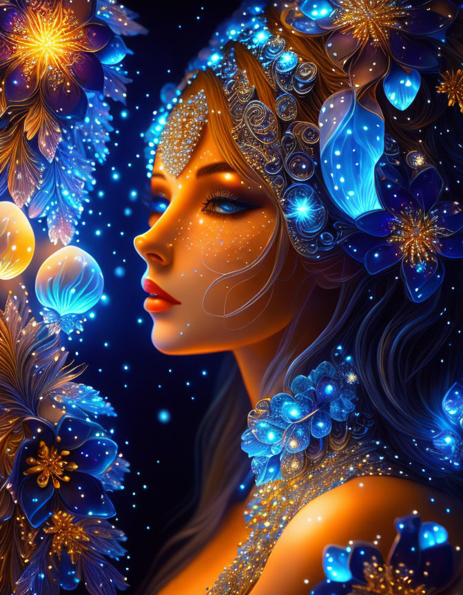 Digital artwork of woman with blue floral ornaments and jewels on dark, starry background.