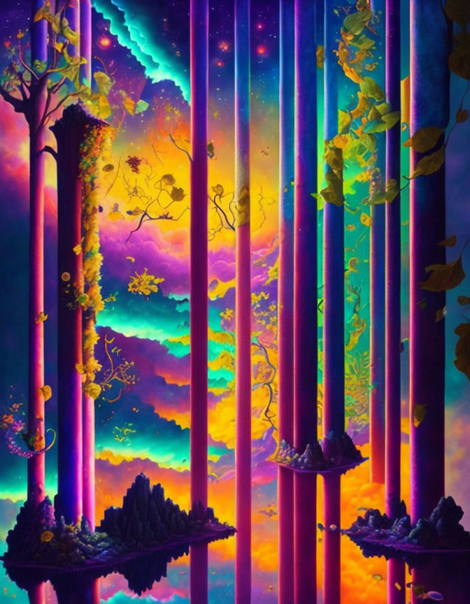 Colorful neon-lit trees in vibrant, surreal landscape