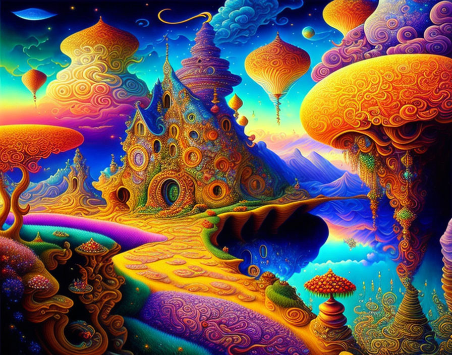 Colorful Mushroom Landscape with Yellow Brick Road under Starry Sky