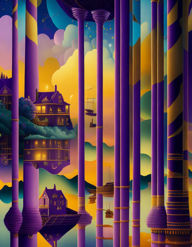 Fantastical digital illustration of purple columns, floating islands, houses, sailboat at dusk or dawn