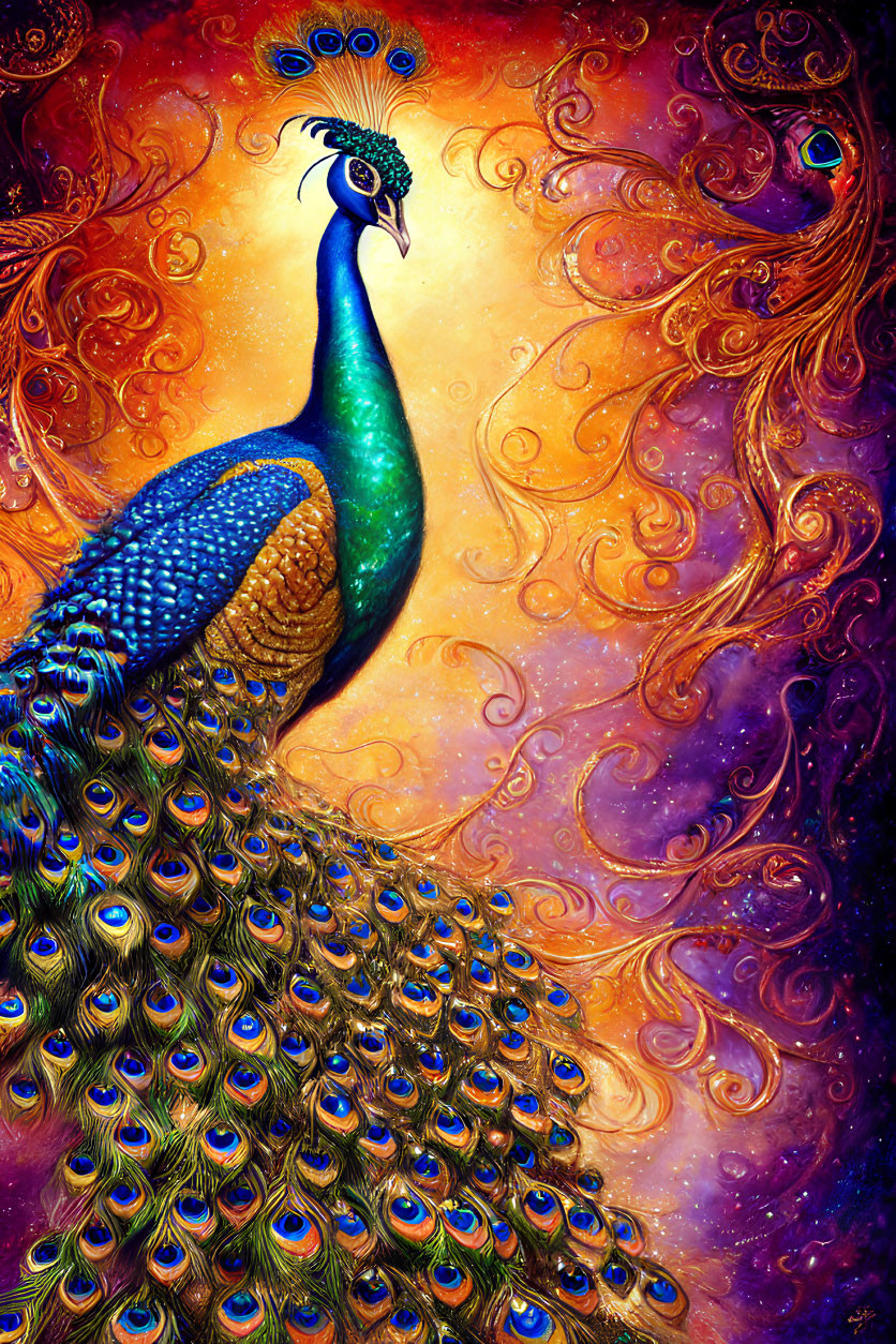 Colorful Peacock Illustration with Elaborate Tail and Ornate Backdrop