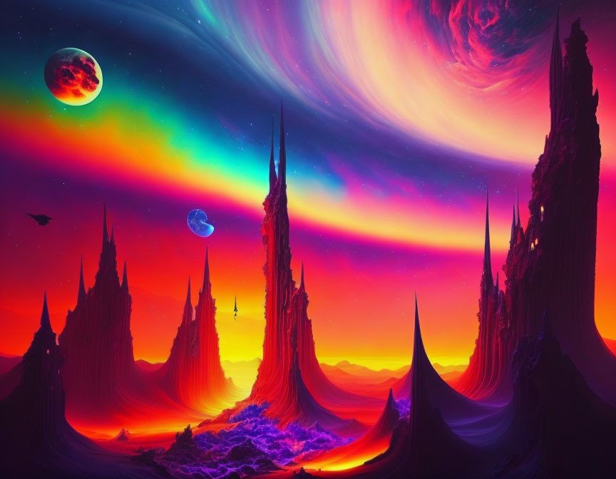 Fantasy landscape digital artwork with spire-like rocks and multicolored sky.