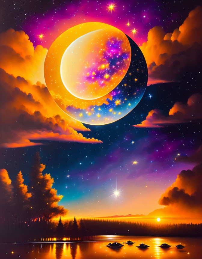 Colorful Fantasy Landscape with Glowing Crescent Moon