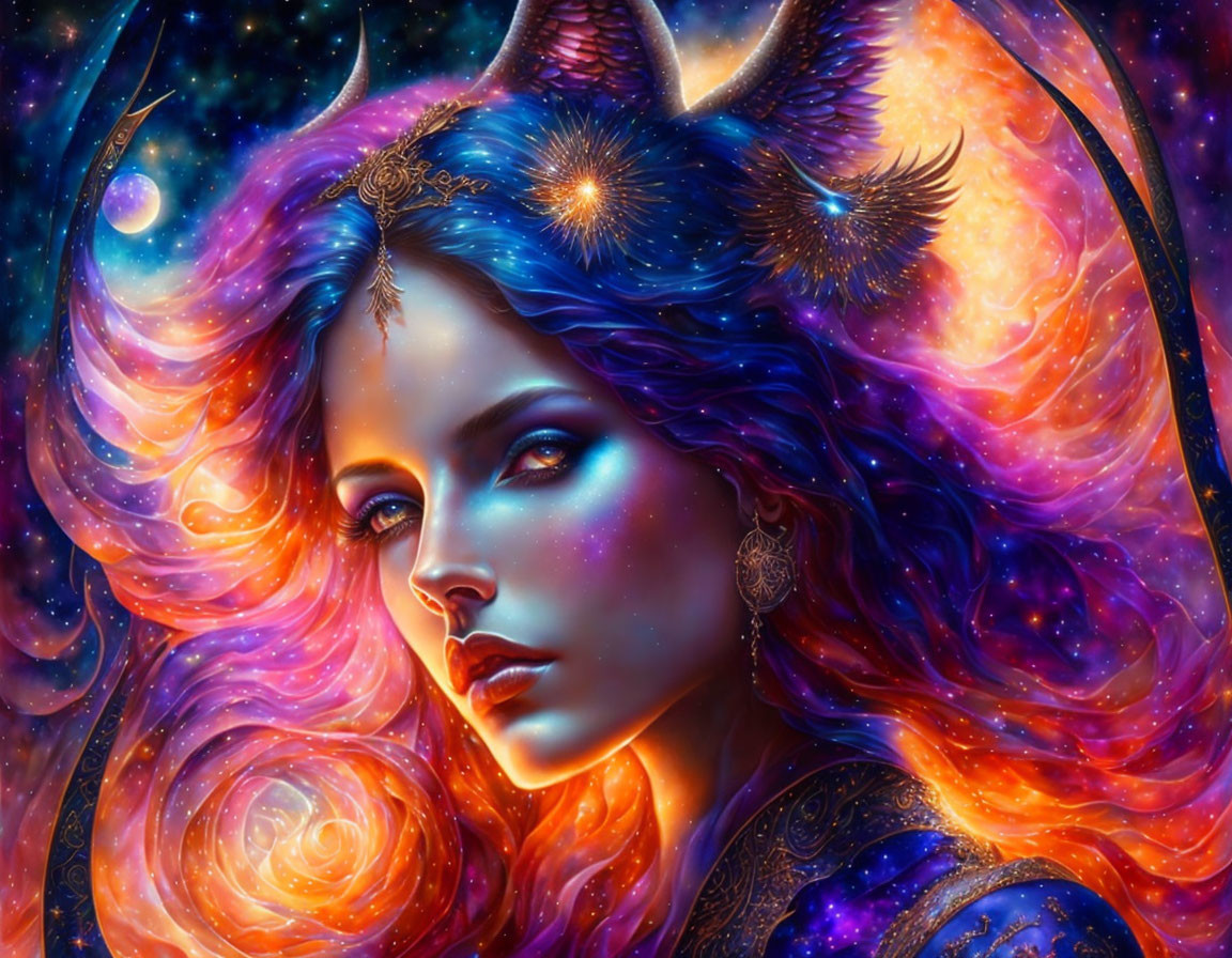 Galaxy-themed hair and starry ears on mystical woman in cosmic setting