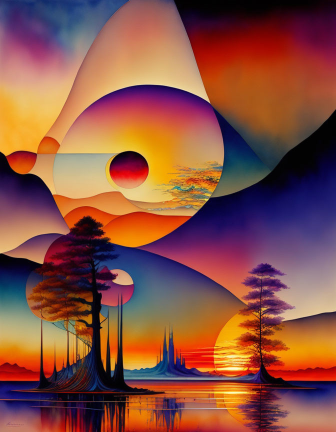 Colorful Abstract Landscape with Geometric Shapes and Nature Elements