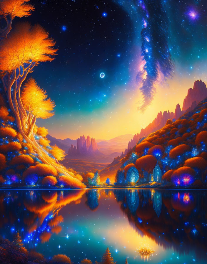 Vibrant fantasy night landscape with orange tree, glowing blue structures, starry sky, and reflective