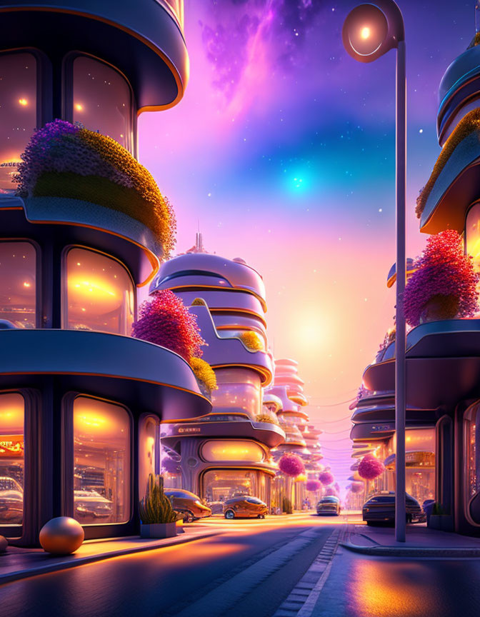 Futuristic cityscape at sunset with curvy buildings and neon lights