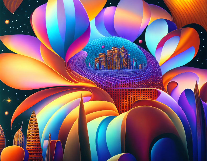 Colorful, Surreal Cityscape with Petal-like Structures and Luminous Pathway