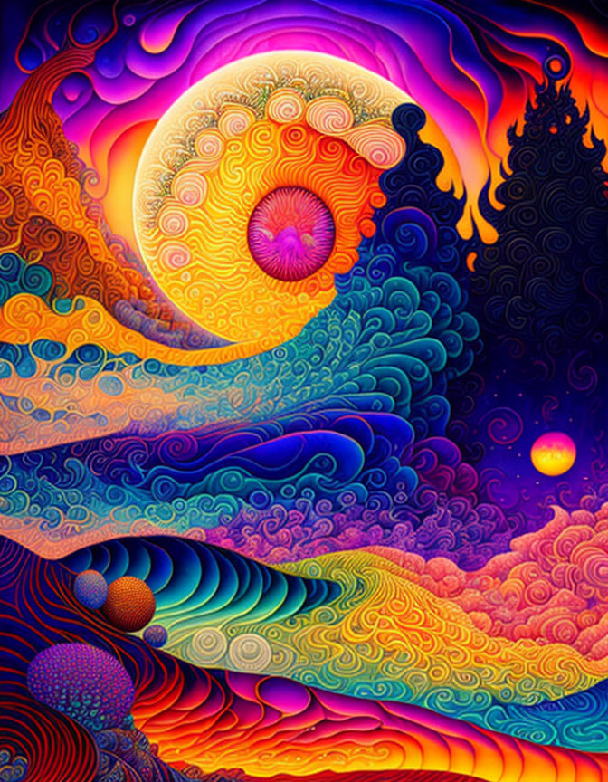 Colorful psychedelic artwork with swirling patterns and celestial motifs