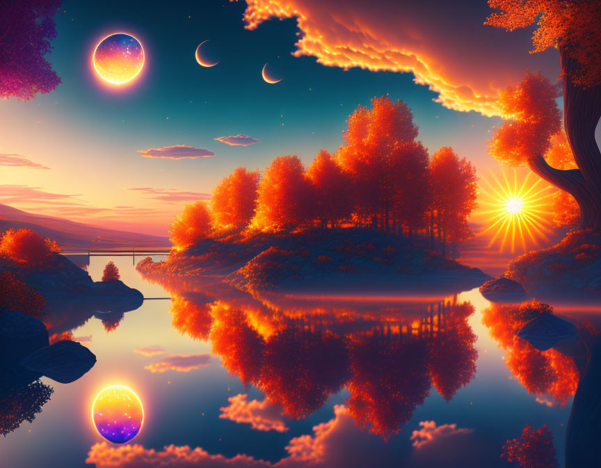 Surreal autumn landscape with orange trees, reflecting in calm lake under sun, moons, and glowing