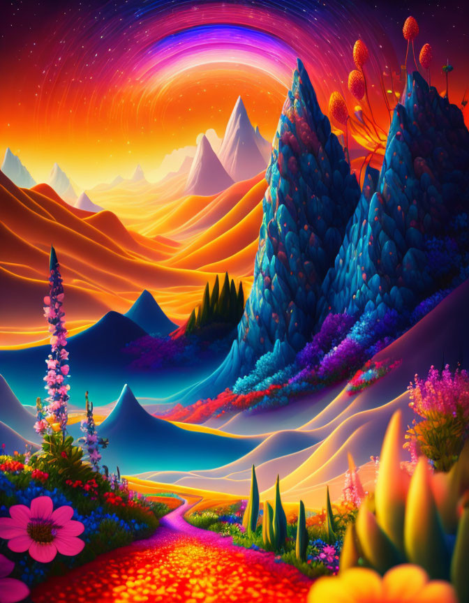 Surreal neon landscape with red path and swirling sky