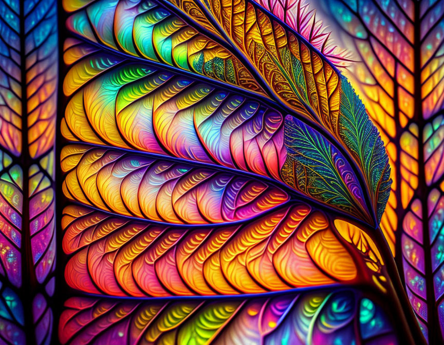 Colorful Feather-Like Pattern on Stained-Glass Background