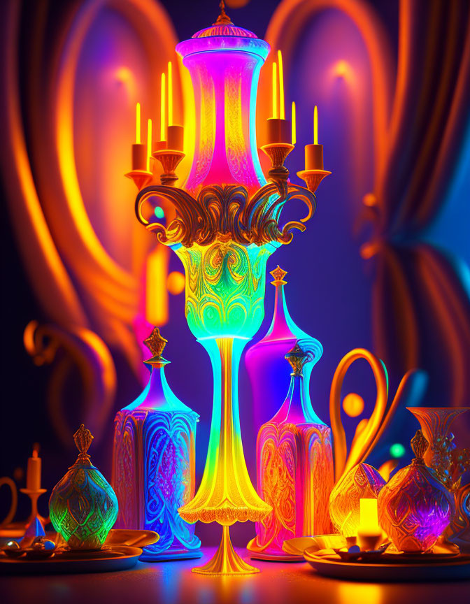 Colorful digital artwork of glowing lamp centerpiece on draped table