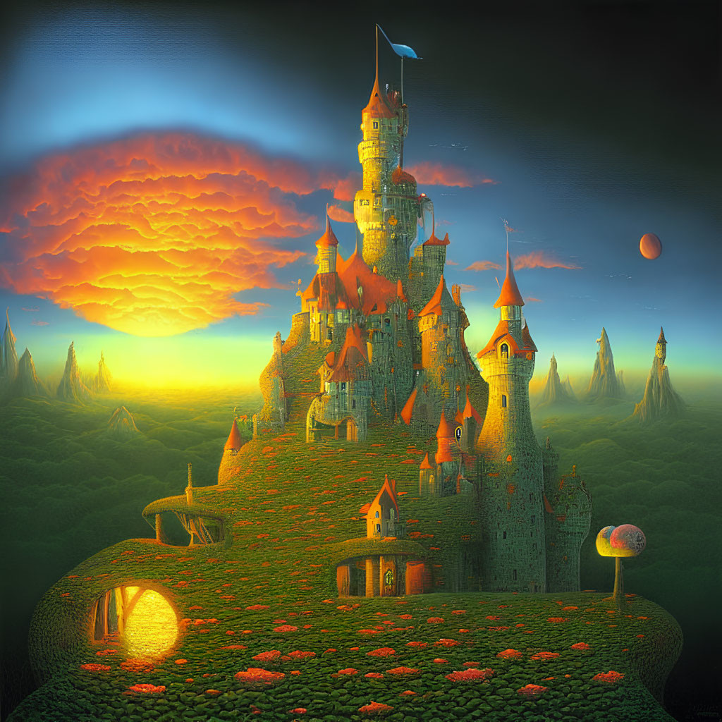 Whimsical castle with soaring spires on lush hilltop at sunset