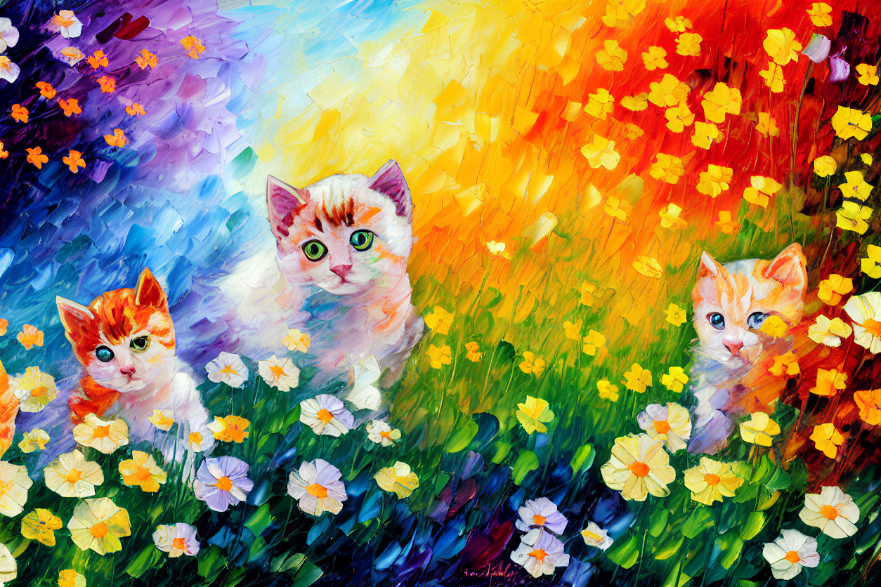 Colorful Painted Kittens Playing Among Vibrant Flowers Under Rainbow Sky