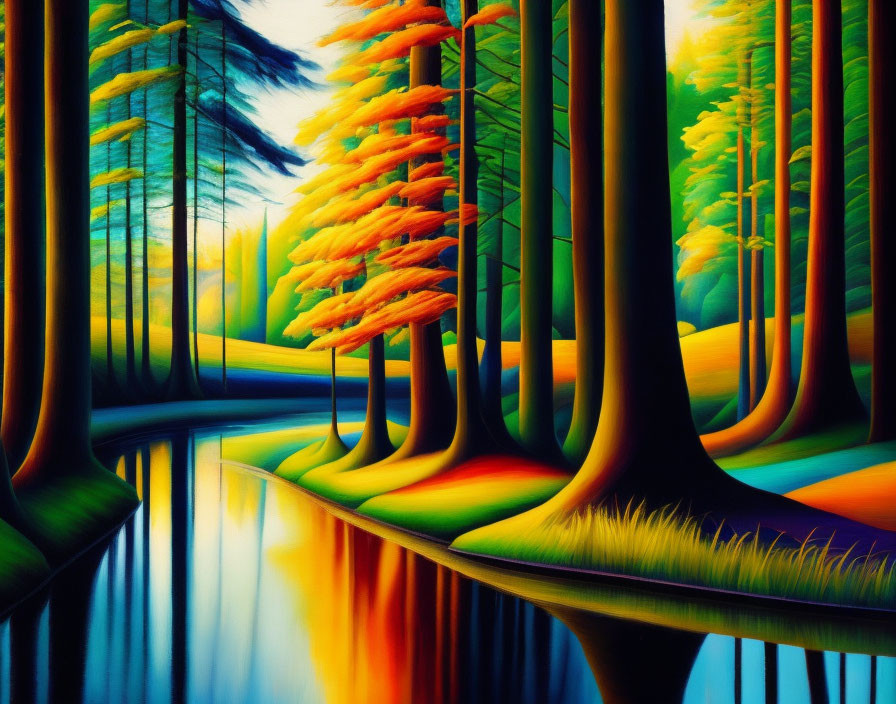 Surreal forest painting with vibrant colors and reflective water