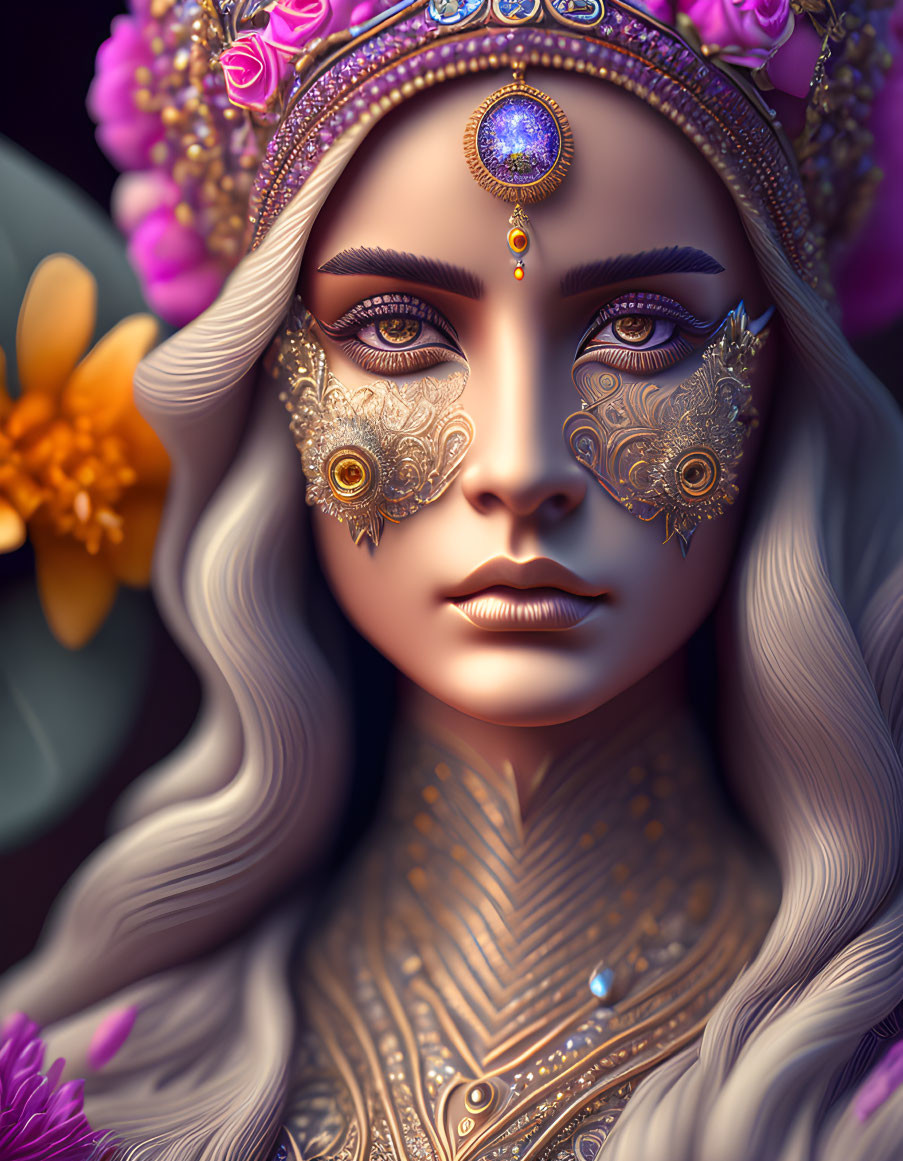 Intricate digital portrait of a woman with golden facial jewelry and purple headpiece