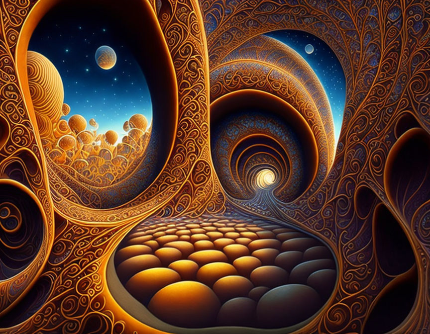 Intricate Spiral and Wave Patterns in Surreal Orange Landscape