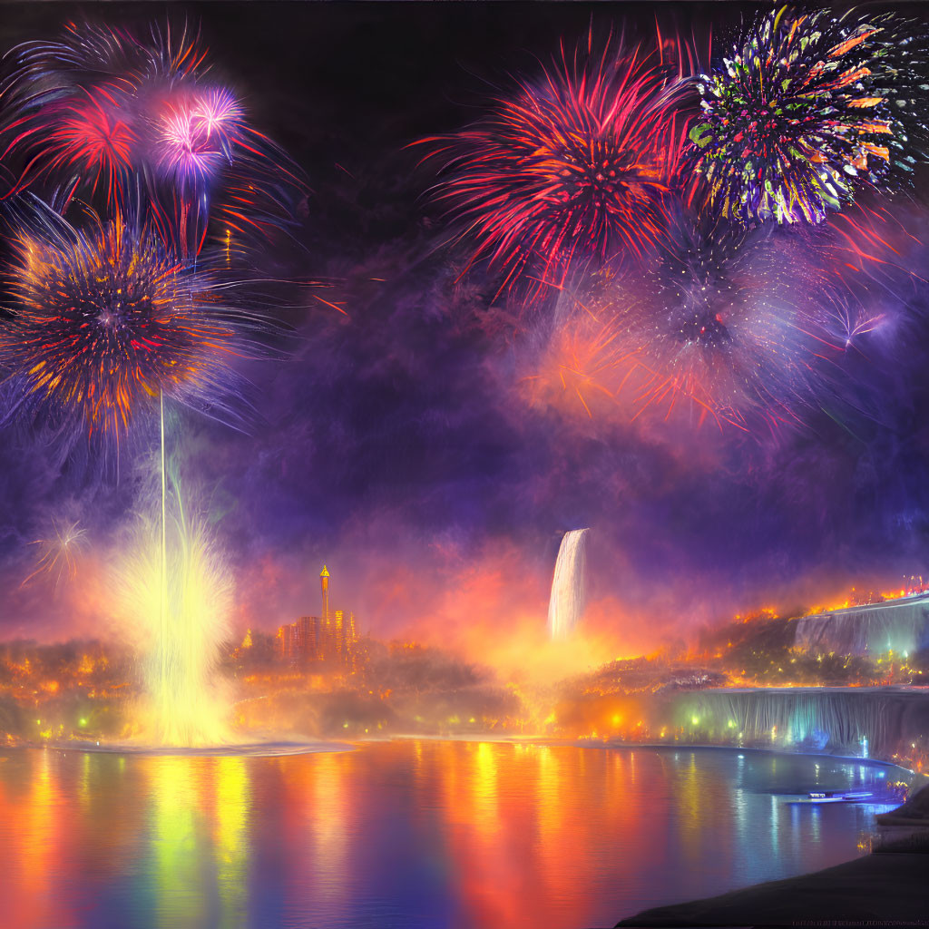 Colorful fireworks illuminate calm river with lit skyline and luminous waterfall