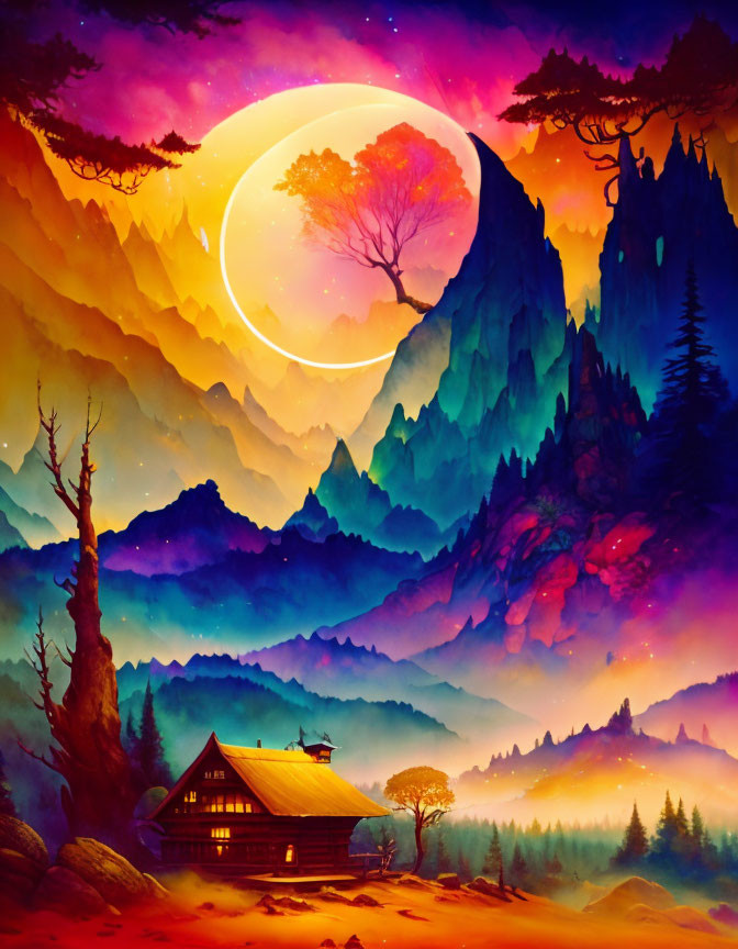 Colorful sky, large moon, mountain tree, cozy house in fantasy landscape