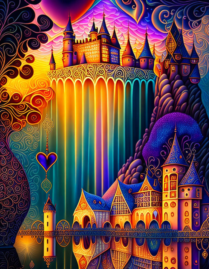 Colorful Psychedelic Castle Illustration with Rainbow Waterfall