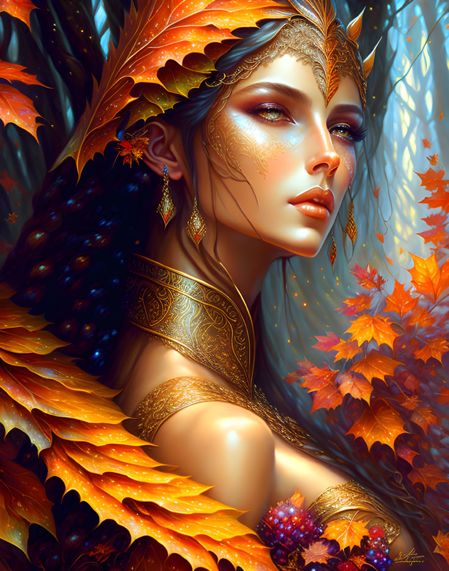 Fantastical portrait of woman with autumn leaf adornments and gold jewelry among vibrant fall foliage