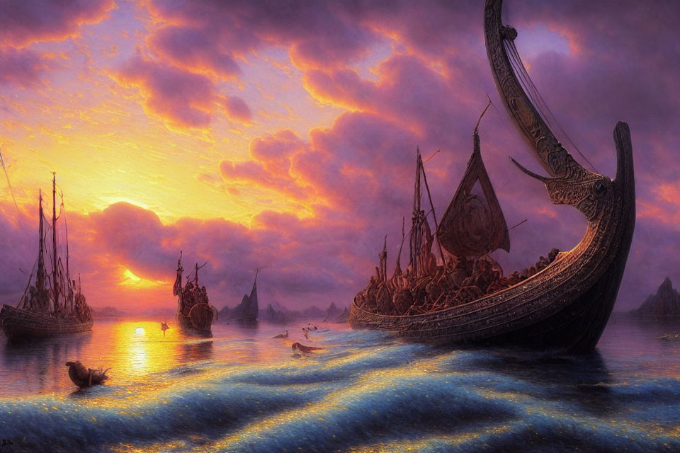 Majestic Viking longship sailing at sunrise on tranquil sea