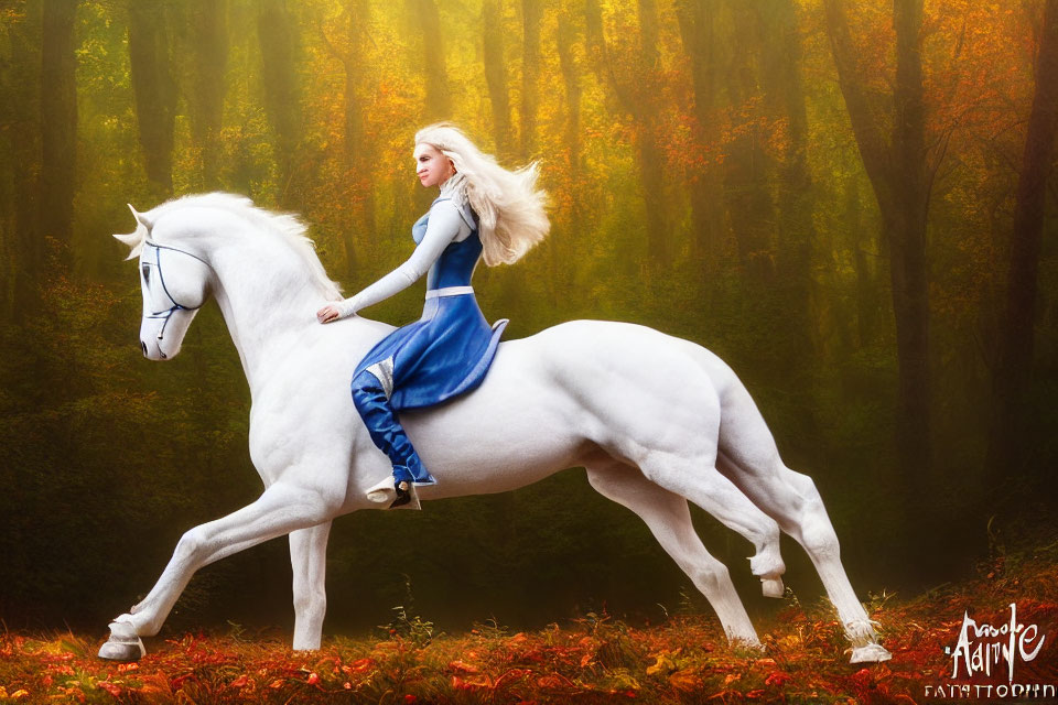 Woman in Blue Medieval Dress Riding White Horse in Autumn Forest