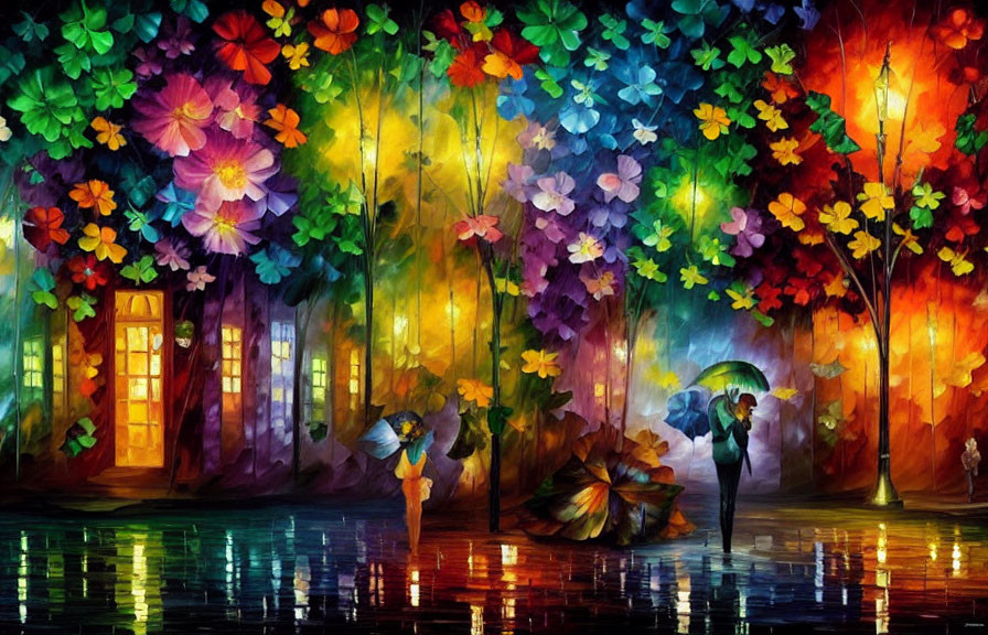 Whimsical forest painting with illuminated trees and oversized flowers