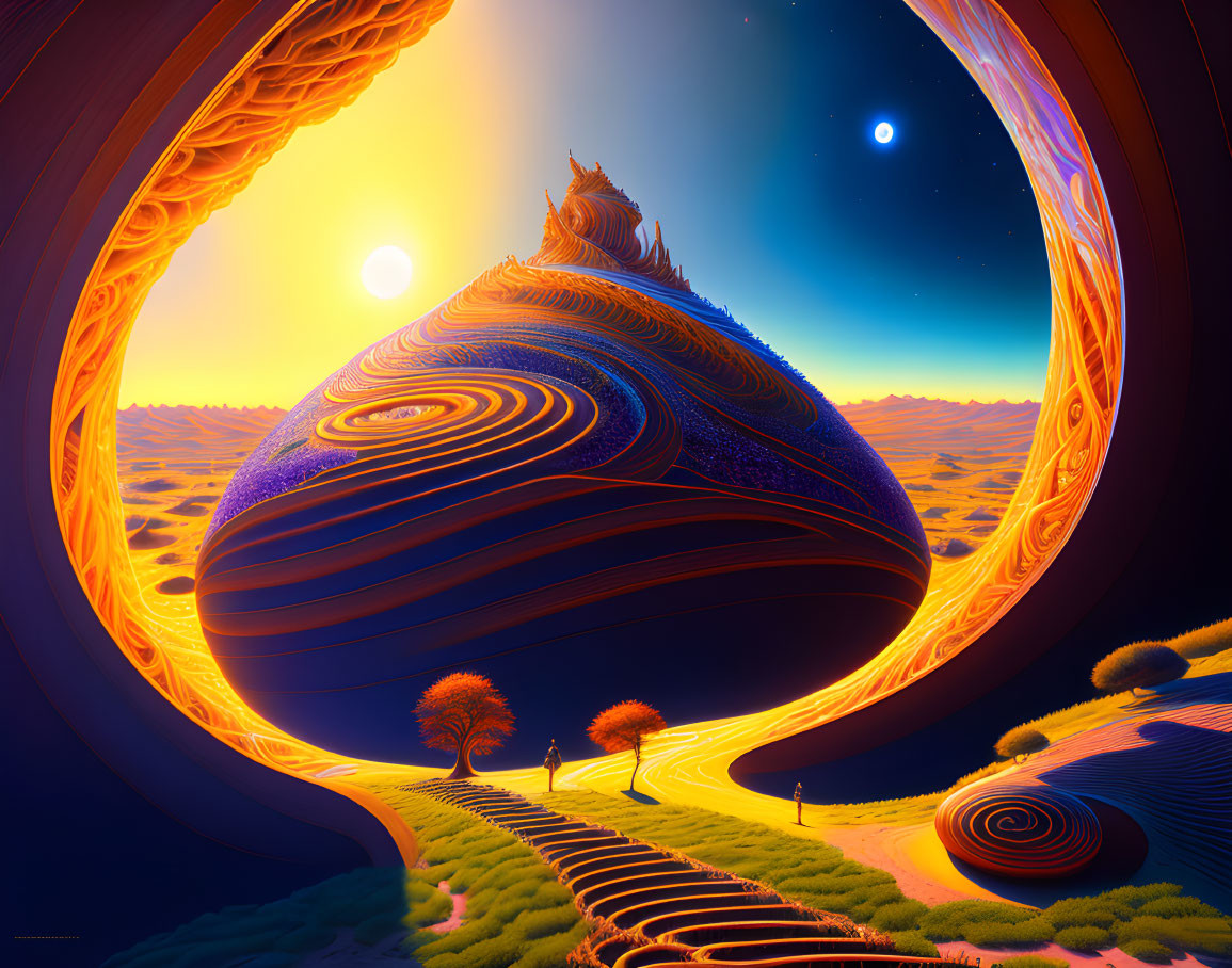 Surreal landscape with swirled planet, curved path, tree, sun, and star in