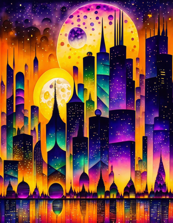 Colorful futuristic cityscape painting with reflective skyscrapers and a yellow moon.