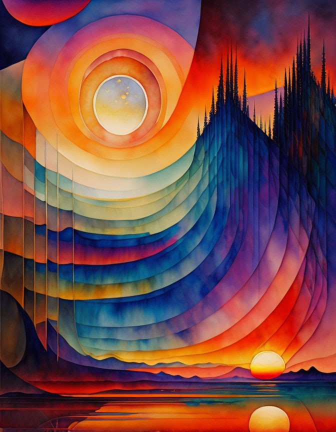 Colorful sunset painting with concentric circles, water reflection, and pine tree silhouettes