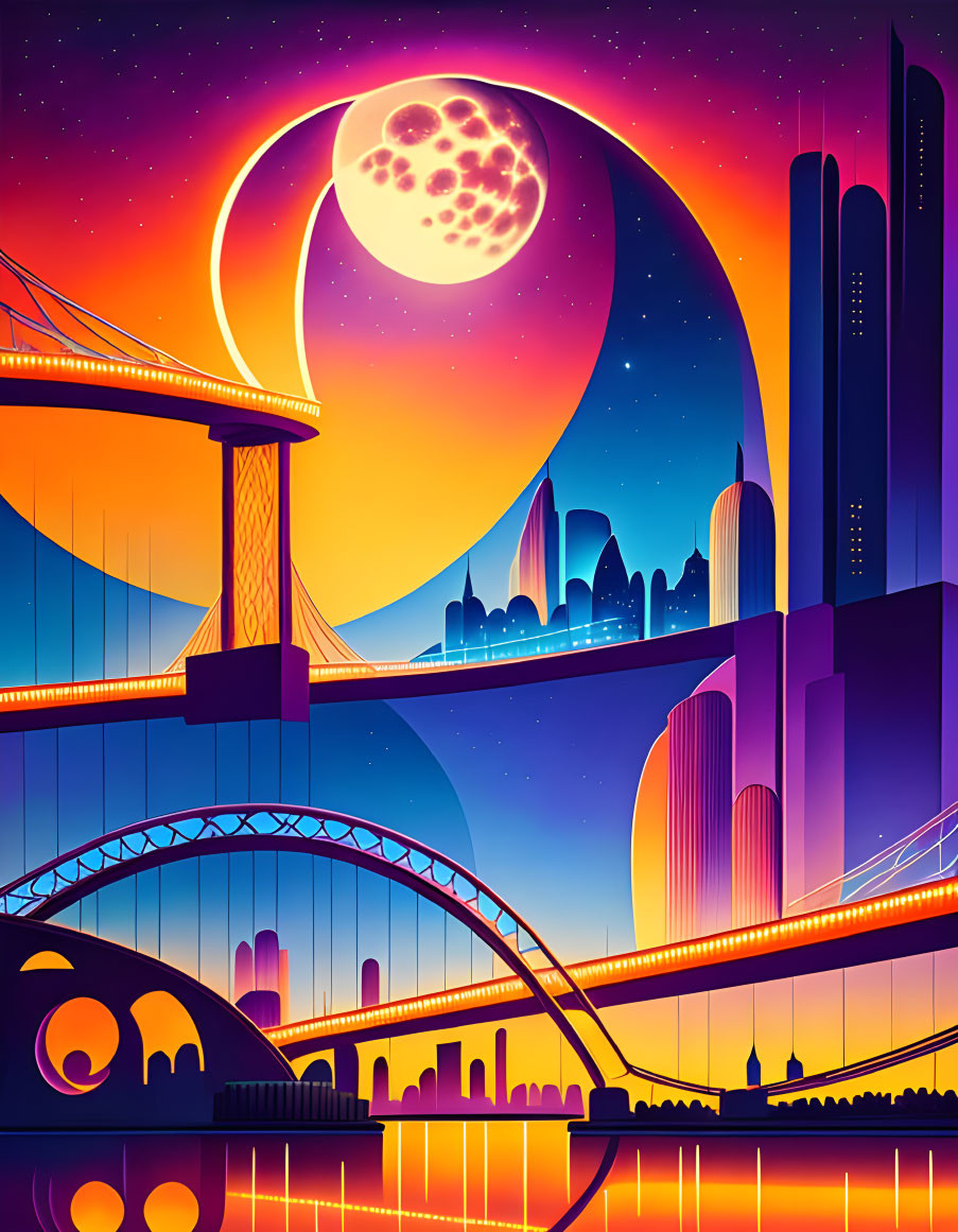 Futuristic cityscape at dusk with neon colors, moon, skyscrapers, and bridges