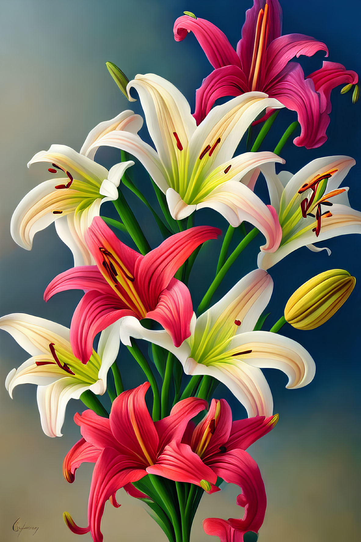 Pink and White Lily Bouquet on Gradient Background