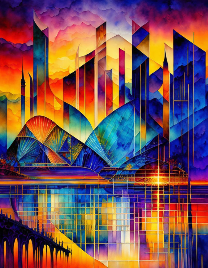 Colorful Abstract Cityscape Reflecting Sunset Skyline