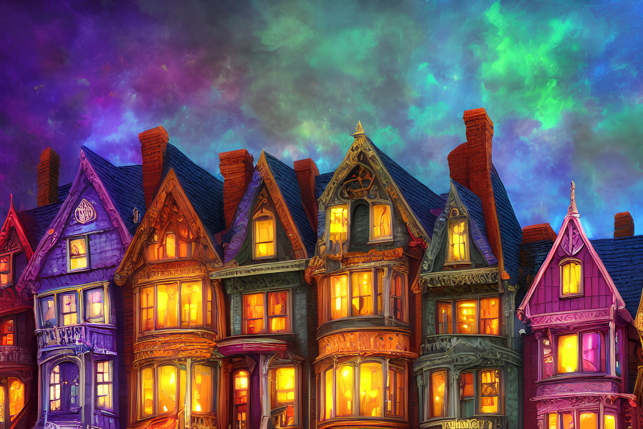 Colorful Victorian Houses Under Aurora Sky