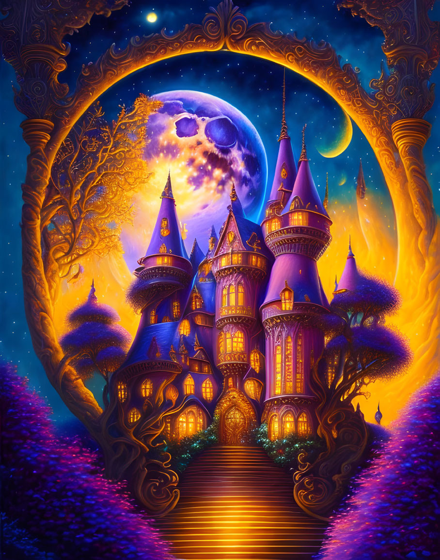 Fantasy castle under starry night sky with golden arch and crescent moon