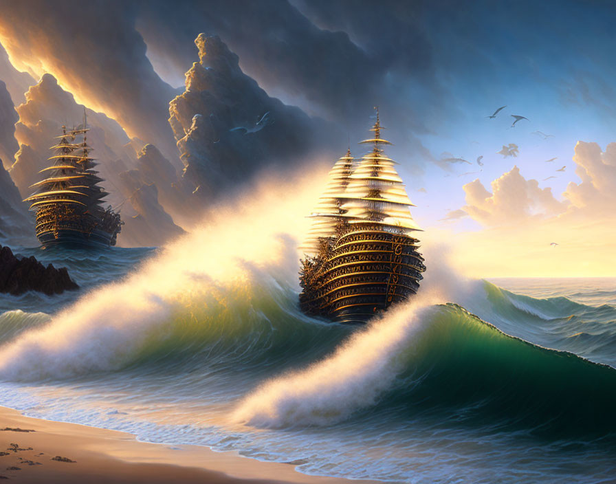 Golden ships navigating stormy seas near towering cliffs under dramatic sky with birds.