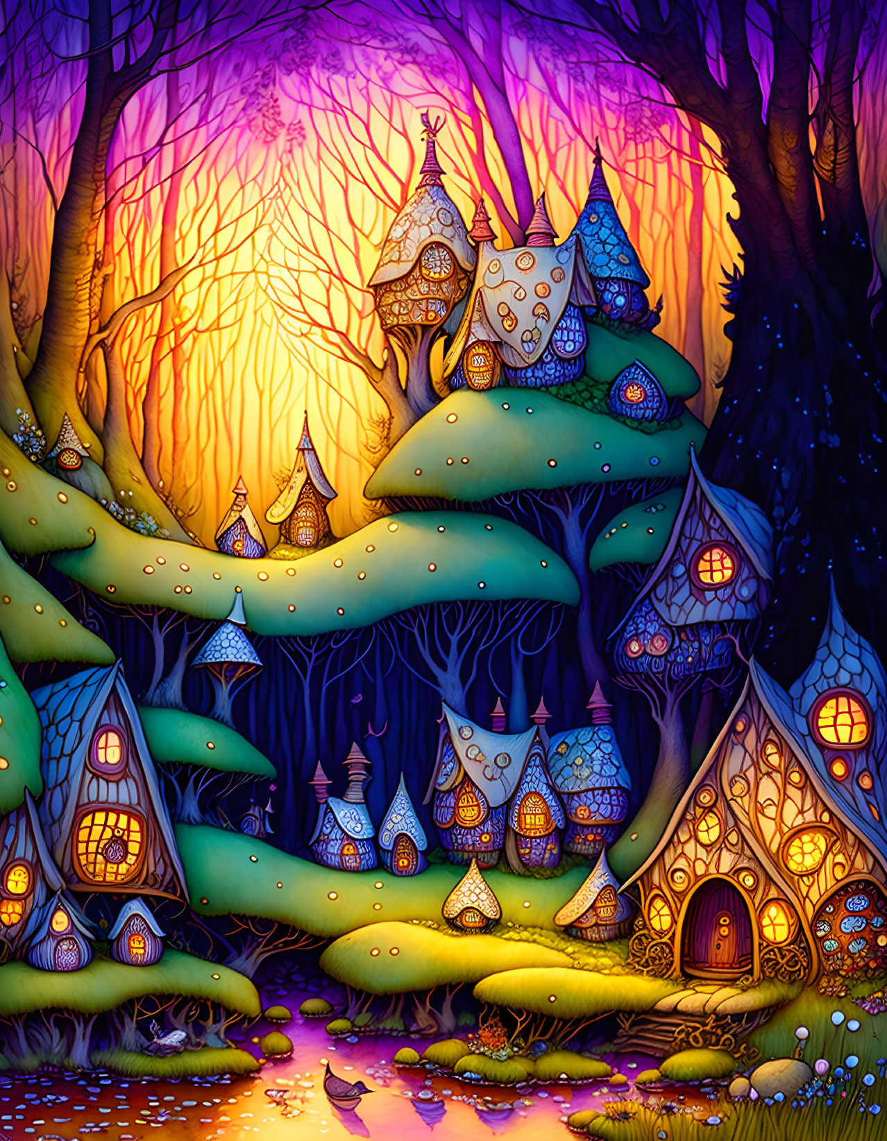 Whimsical forest with mushroom houses under a violet sky