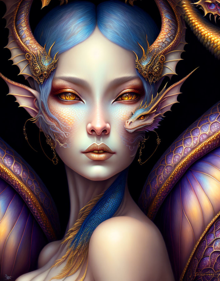 Blue-skinned creature with dragon-like features and golden eyes in a fantastical portrait.