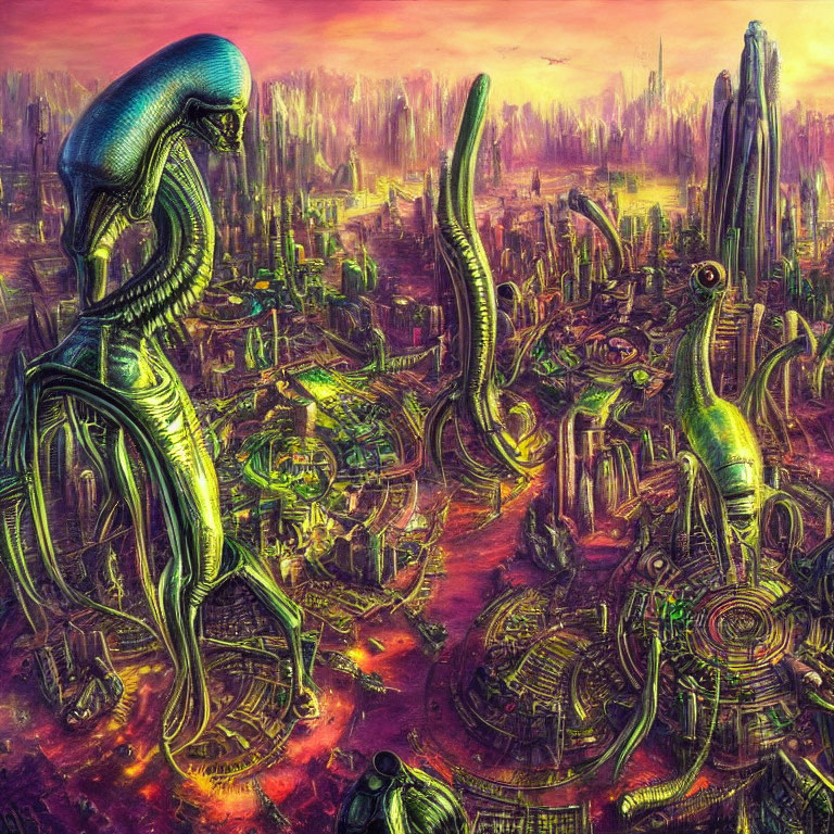 Vivid Alien Cityscape with Organic Structures and Humanoid Figure